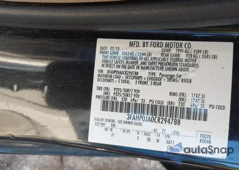 2012 Ford Fusion Sel z USA, uszkodzony, nr VIN 3FAHP0JA0CR294788